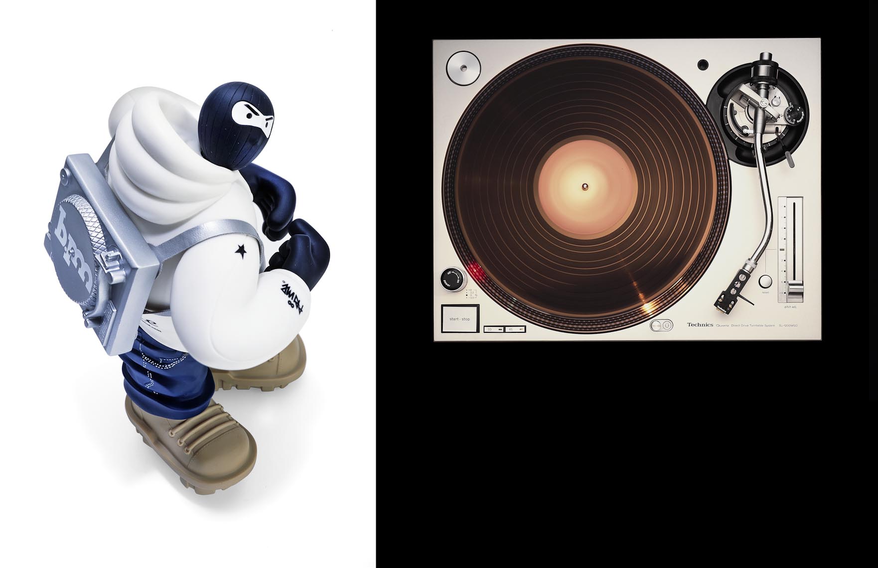 Product Still Life, Designer Toy Figure and Vintage Turntable