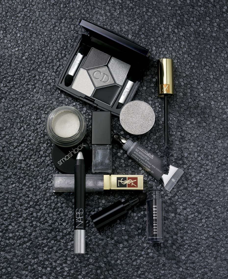 Cosmetics Still Life, Metallic Makeup on Black