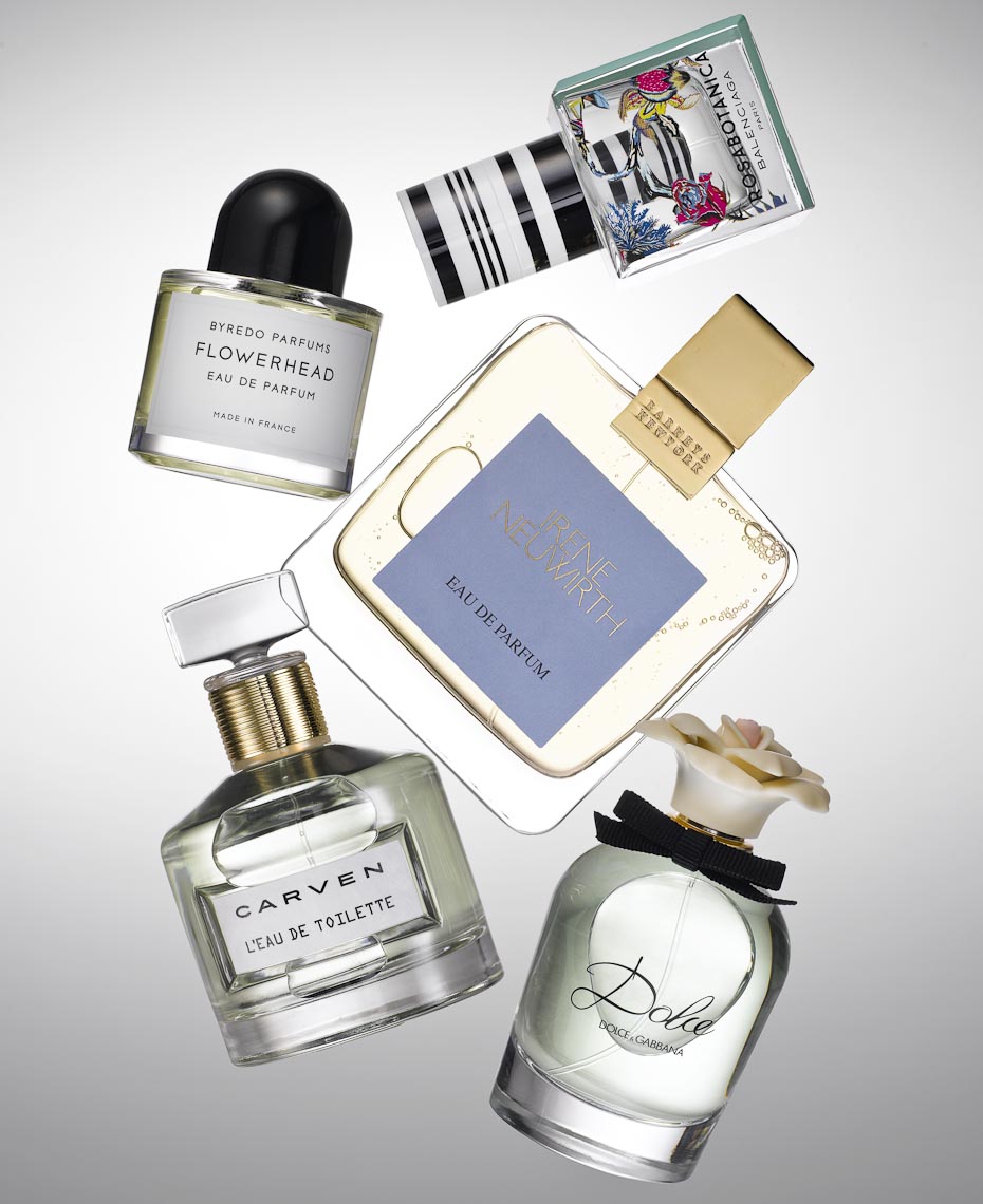 Cosmetics Still Life, Perfume Bottles on Gray Background - Mike Lorrig