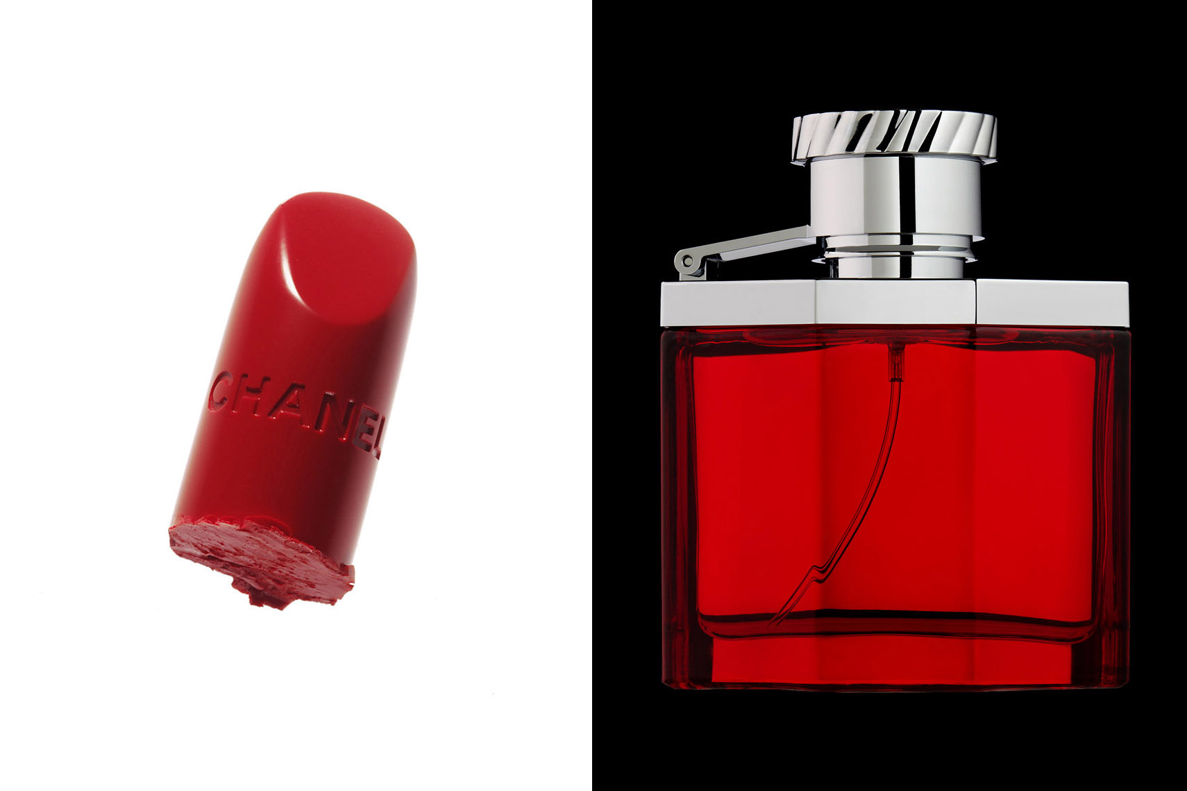 Cosmetics Still Life, Fragrance Bottle and Chopped Lipstick