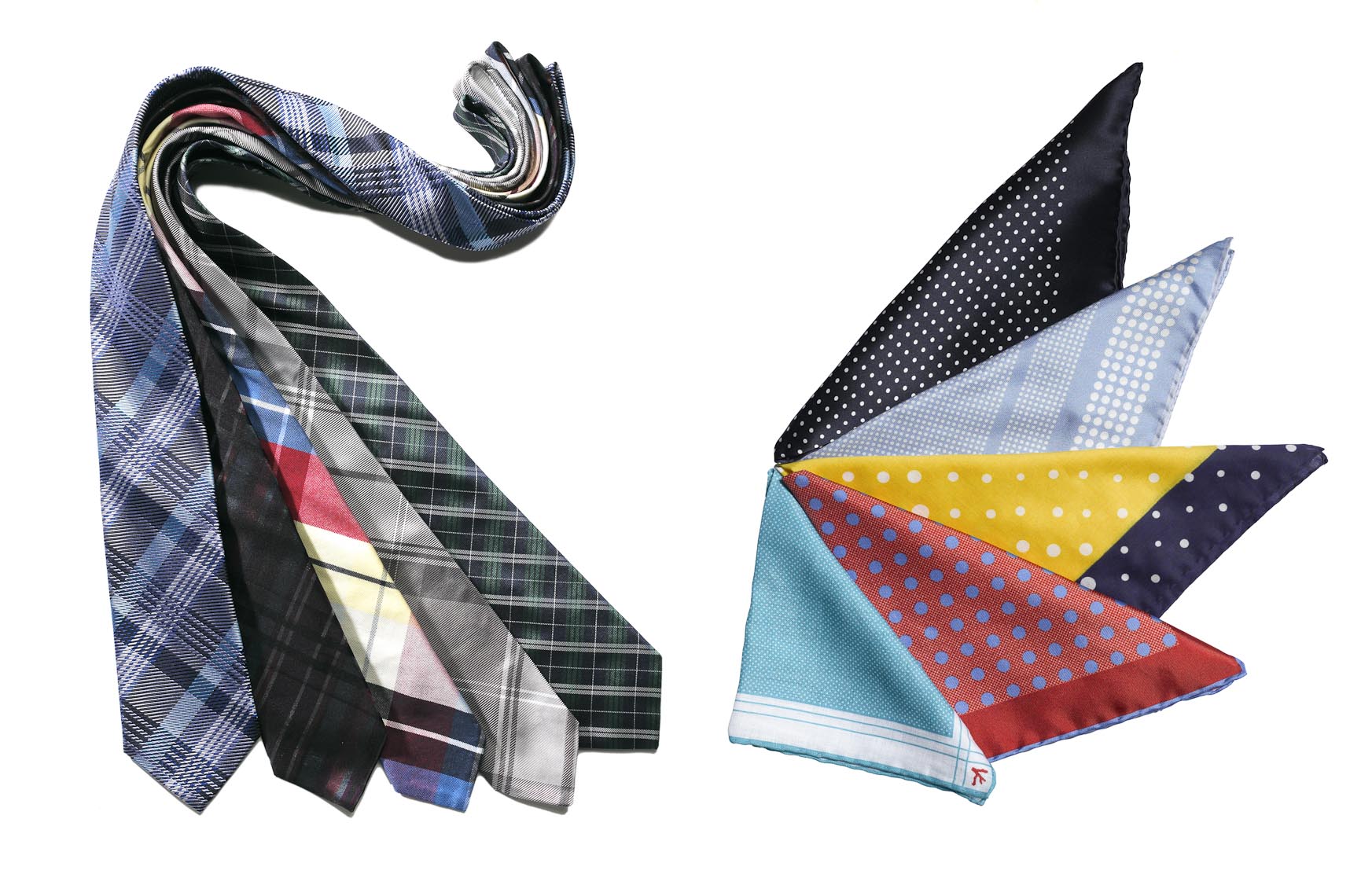 Accessories Still Life, Neckties and Pocket Squares on White