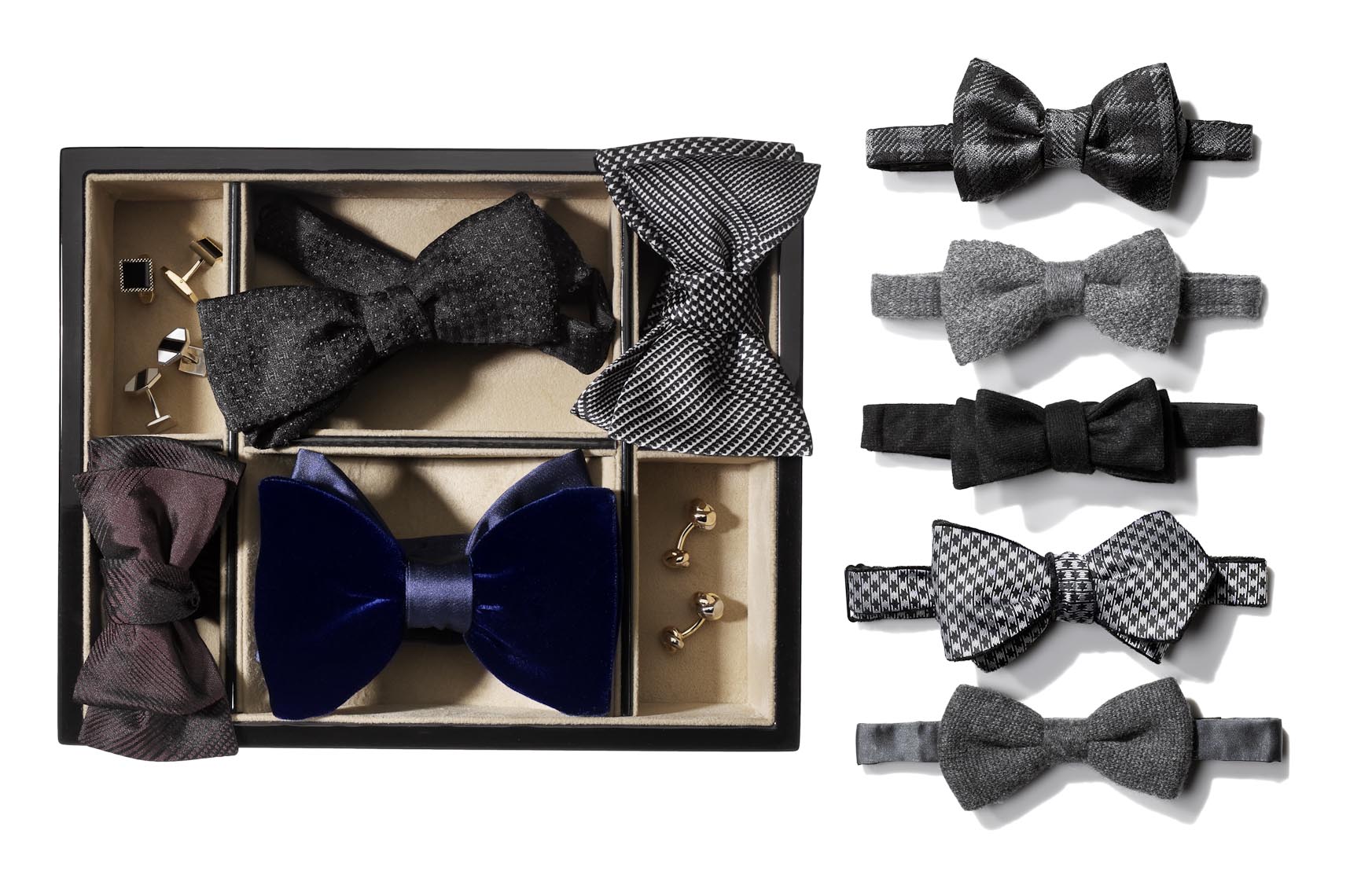 Accessories Still Life, Bow Ties on White