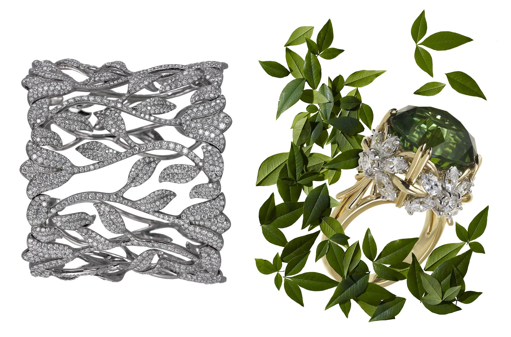 Jewelry Still Life, Diamond Bracelet and Ring  with Flowers