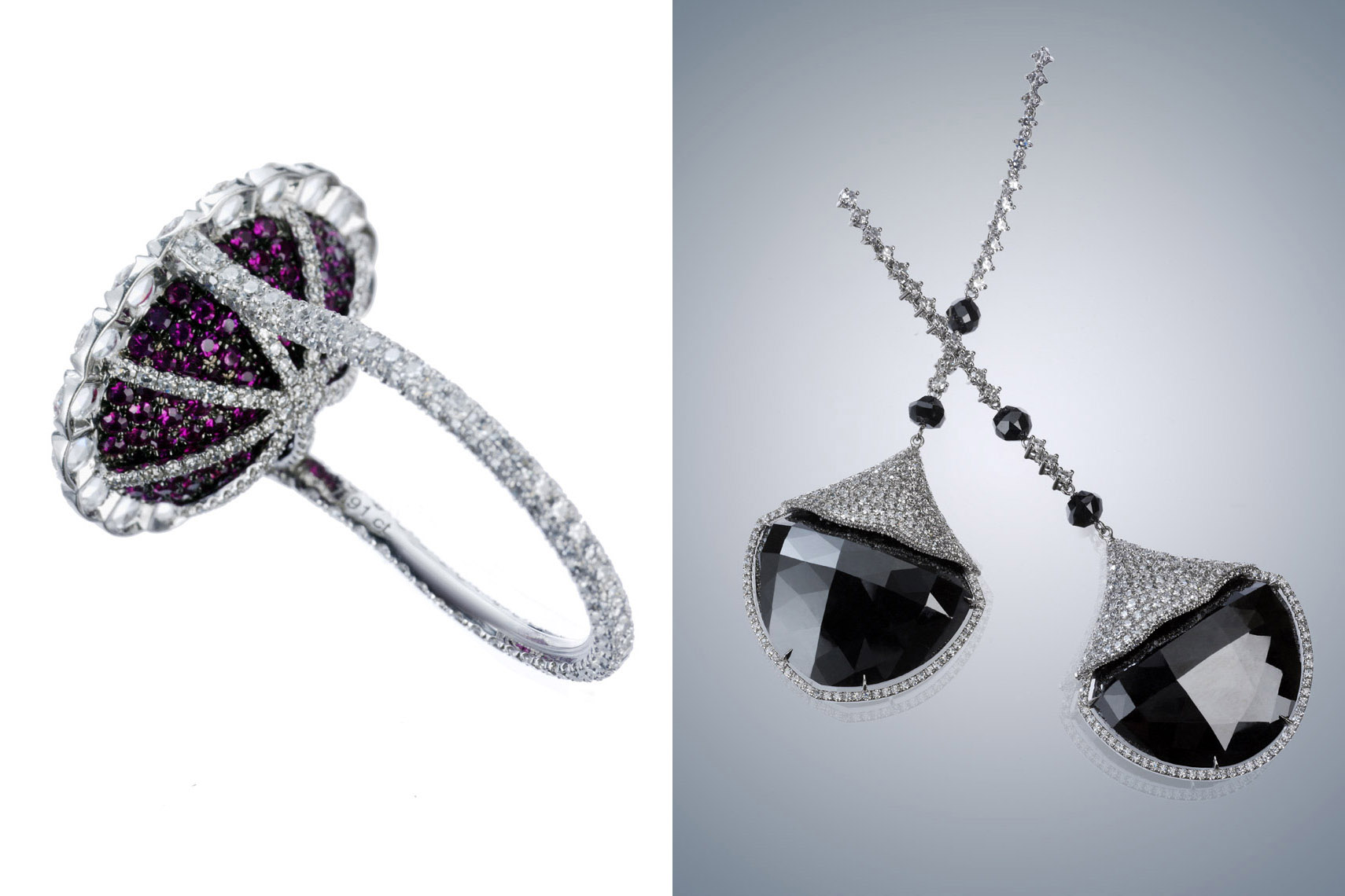 Jewelry Still Life, Black Diamond Earrings and Diamond Ring