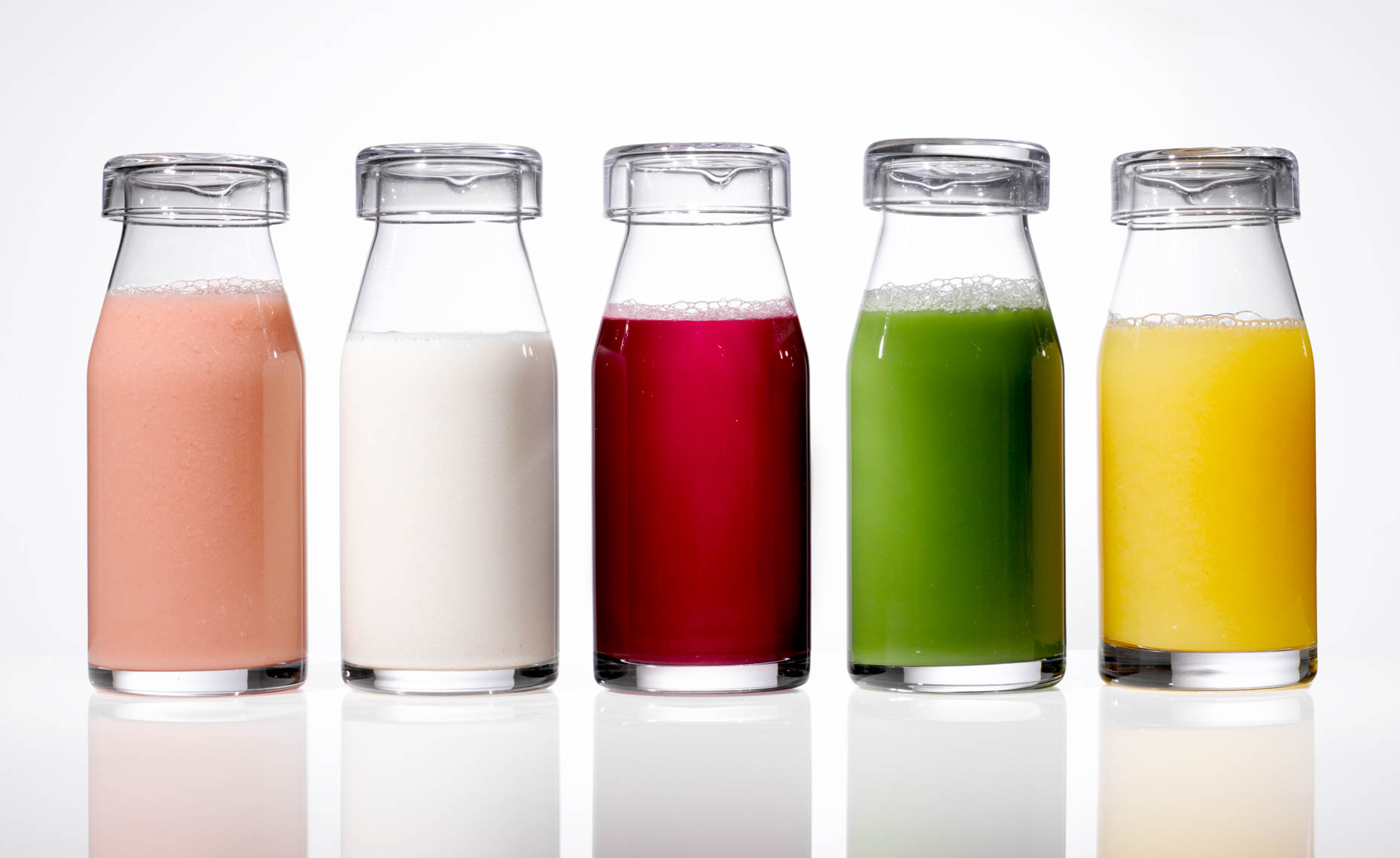 Beverage Still Life, Pressed Juices in Glass Containers