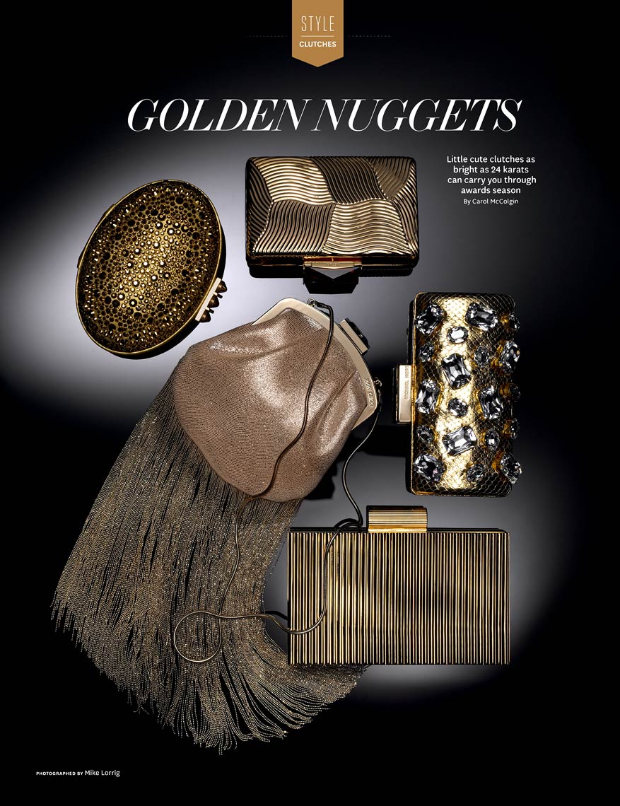 Accessories Still Life, Glamorous Golden Clutches